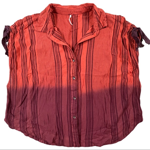Free People size medium ombré button up maroon & orange striped short sleeve top - Picture 2 of 14
